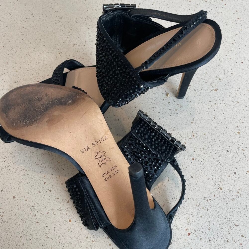 Via Spiga Black Embellished Heels | Rhinestone Ankle Strap Sandals - Picture 4 of 5